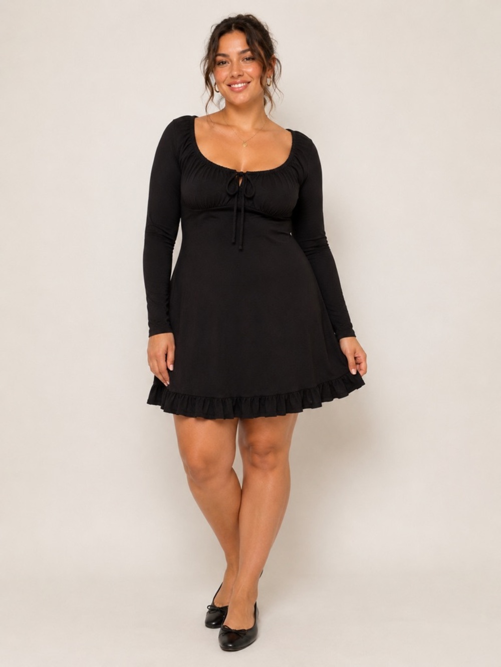 Vintage Mango Y2K Black Long-Sleeve Ruffle-Hem Mini Dress